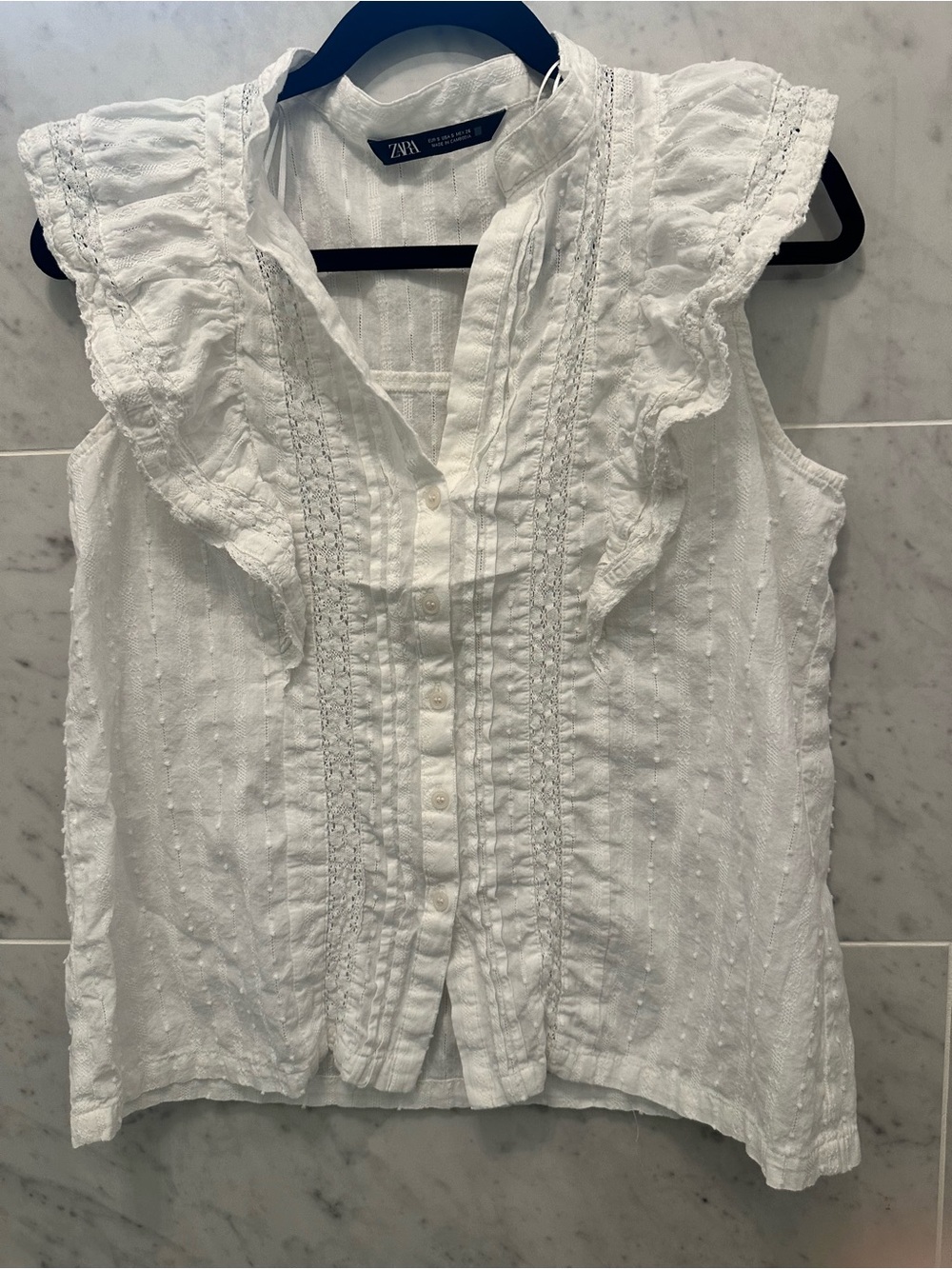 Zara White Swiss Dot Ruffle Sleeve Button-Up Top